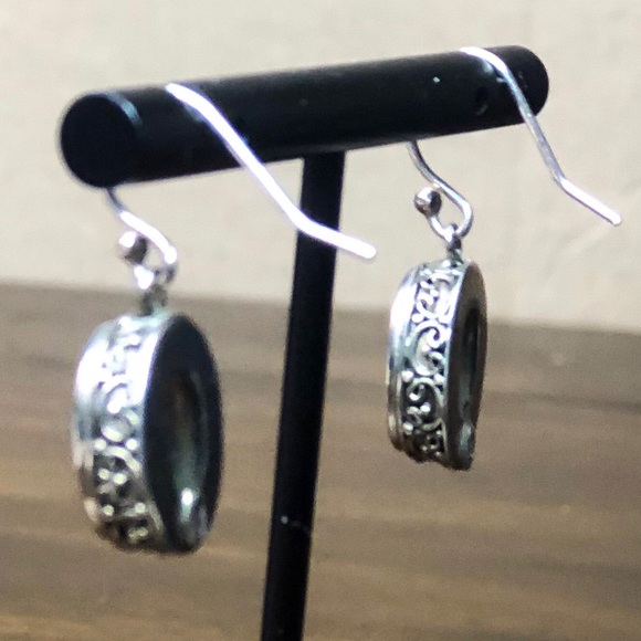 ABALONE Cabochon Sterling Silver Drop Earrings With Scrollwork Around The Bezel - Picture 6 of 10